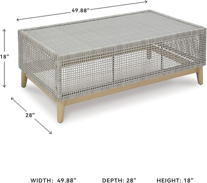Signature Design by Ashley Seton Creek Casual Resin Wicker Outdoor Coffee Table with Tempered Glass Tabletop, Light Gray & Light Brown