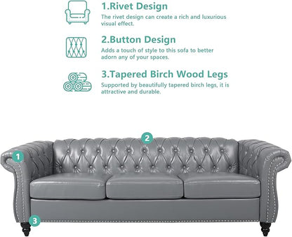 2 Piece Living Room Sofa Set, 3 Seater Faux Leather Sofa Couch and Chair Set, Mid Century Modern Upholstered Couch with Cushions, Vintage Comfy Tufted Chesterfield Couches for Bedroom, Office (Grey)