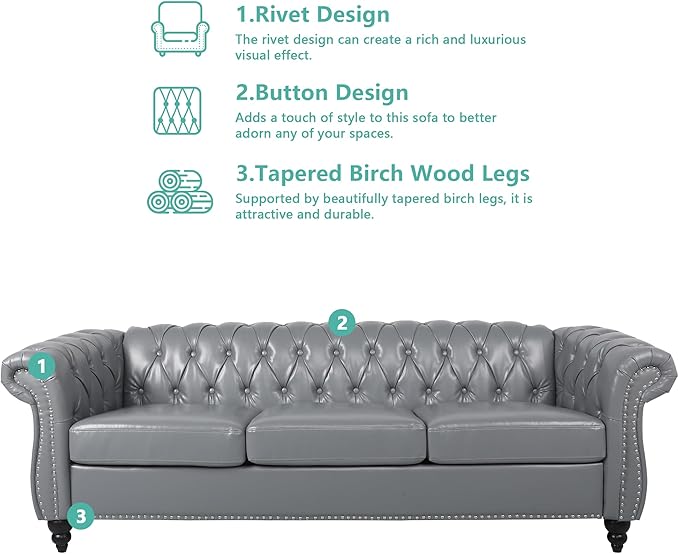 Faux Leather Sofa and Loveseat set, Mid Century Modern Upholstered Couch with Cushions, 2-Piece Home Sofa Living Room Furniture Sets, Comfy Tufted Chesterfield Couches for Bedroom, Office (Grey)