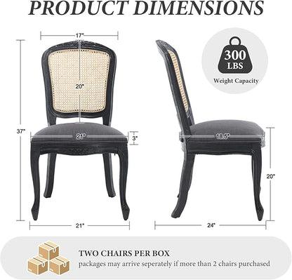 Wicker Dining Chairs Set of 6, Upholstered Linen Fabric Dining Room Chairs with Square High Rattan Back Farmhouse French Kitchen Chairs for Dining Table/Living Room/Restaurant, Black