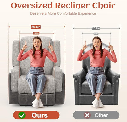 Oversize Manual Recliner Chair for Adults, Extra Wide Single Reclining Sofa Chair with Ergonomic, FSC Certified, Grey Linen-Blend & Chocolate Leather Scandinavian Chic for Living Room, RV