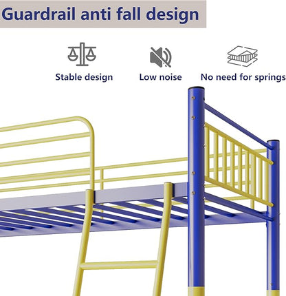 Metal Bunk Bed Twin Over Twin，Loft Bed with Removable Ladder and Full-Length Guardrail，Twin Bunk Beds Frame Heavy Duty Metal Slat Support for Adults, Kids and Young Teens