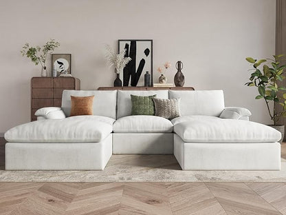 EASE MOOSE Oversized Cloud Couch Sectional Sofa, U-Shaped Modular Couch for Living Room, Minimalist Boneless Convertible Couches with Ottoman, 5-Seat Deep Sofas for Bedroom, Chenille (White)