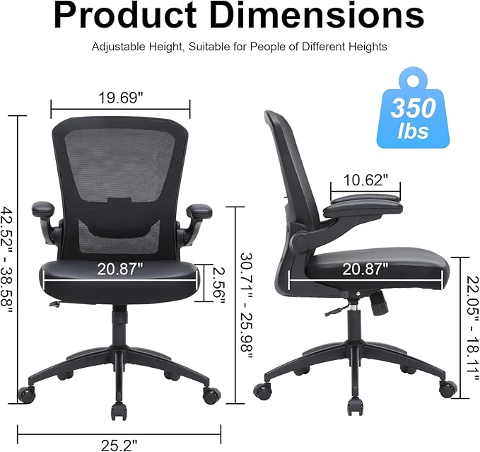 Office Chair, 350lbs Heavy Duty Ergonomic Desk Chair with Flip-Up Arms, Home Office Desk Chairs with Adjustable Seat Height & Lumbar Support, Executive Computer Desk Chair for Heavy People