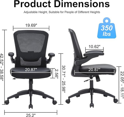 Office Chair, 350lbs Heavy Duty Ergonomic Desk Chair with Flip-Up Arms, Home Office Desk Chairs with Adjustable Seat Height & Lumbar Support, Executive Computer Desk Chair for Heavy People