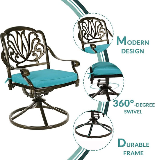 MEETWARM 9-Piece Outdoor Patio Dining Set, All-Weather Cast Aluminum Patio Conversation Set with 2 Swivel Rocker Chairs, 6 Stationary, 1 Oval Table, 8 Cushions, 2" Umbrella Hole, Ocean Blue