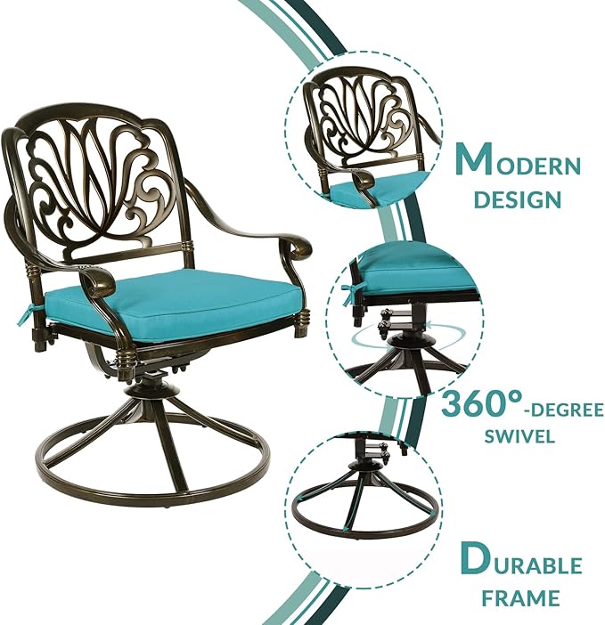 MEETWARM 9-Piece Outdoor Patio Dining Set, All-Weather Cast Aluminum Patio Conversation Set for Backyard Garden Deck with 8 Cushioned Swivel Rocker Chairs, 1 Oval Table, 2" Umbrella Hole, Ocean Blue