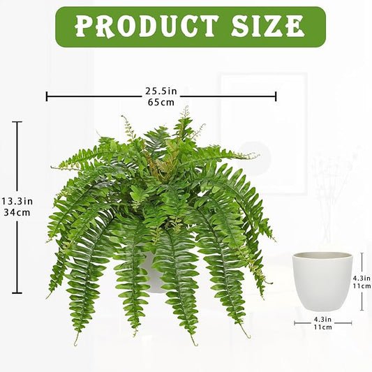 Hollyone Artificial Fern Plants in White Pot 25.5" Medium Artificial Boston Fern 31 Leaves for Outdoors & Indoor Faux Potted Plants Fake Ferns Bush Plant Patio Garden Farmhouse Porch Home Decor Green