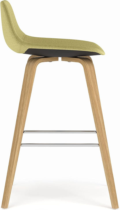 SIMPLIHOME Randolph Counter Stools (Set of 2) - 28 Inch Seat Height Upholstered Bentwood Kitchen Seats in Acid Green Linen Look Fabric, Mid Century Modern Seating with Curved Backrest and Footrest
