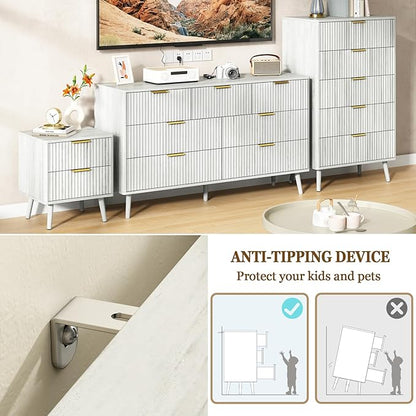 CARPETNAL Fluted 7 Drawer Dresser for Bedroom, 55" Wide Wooden Chest of Drawers with Rounded Corners, Gold Handles, Modern Storage Organizer for Bedroom, Hallway(White)
