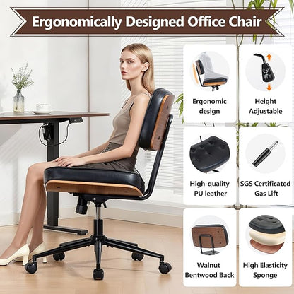 Armless Computer Chair, Small Desk Chair with Wheels and Adjustable Height, PU Leather Modern Swivel Walnut Task Chair for Home Office, Study, Library, Black