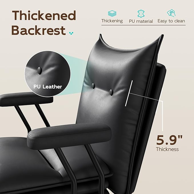 Black Leather Desk Chair with Wheels,Triple-Layers Thicken Wide Seat Height Adjustable,Mid Back,Desk Chair Comfy for Home,Office