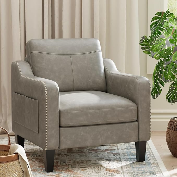 PU Leather Accent Chair Set of 2, Mid-Century Modern Living Room Armchair Sofa with Removable Cushions, Solid Wood Frame & Stitched Armrest Design, Bedroom Chair with Plastic Legs, Grey
