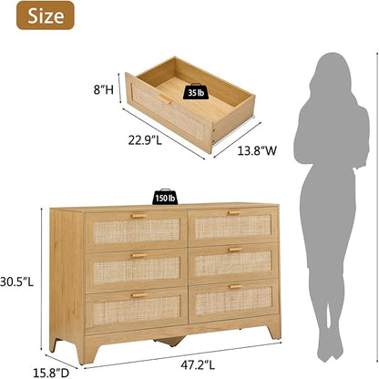 Natural Rattan 6-Drawer Dresser | Modern Bohemian Storage Chest – Includes Anti-Tip Wall Straps & Metal Slides | Versatile Furniture for Bedroom or Living Room