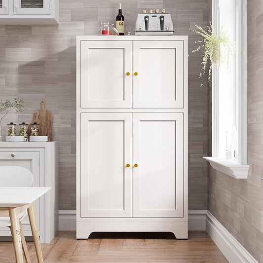Bathroom Floor Storage Cabinet,Metal Accent Sideboard with 4 Doors and 2 Adjustable Shelves, Freestanding Bathroom Cabinets White Storage Organizer for Kitchen Pantry,Living Room,Hallway