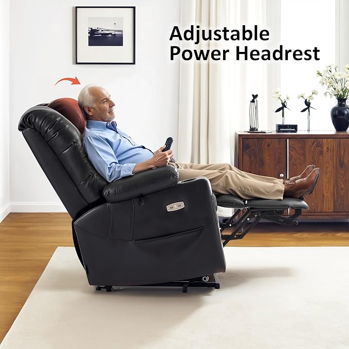 MCombo Large Triple Motor Power Lift Recliner Chair with Massage and Dual Heating, Adjustable Headrest for Tall Elderly People, Faux Leather 7634 (Black, Large)
