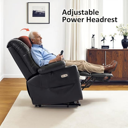 MCombo Large Triple Motor Power Lift Recliner Chair with Massage and Dual Heating, Adjustable Headrest for Tall Elderly People, Faux Leather 7634 (Black, Large)