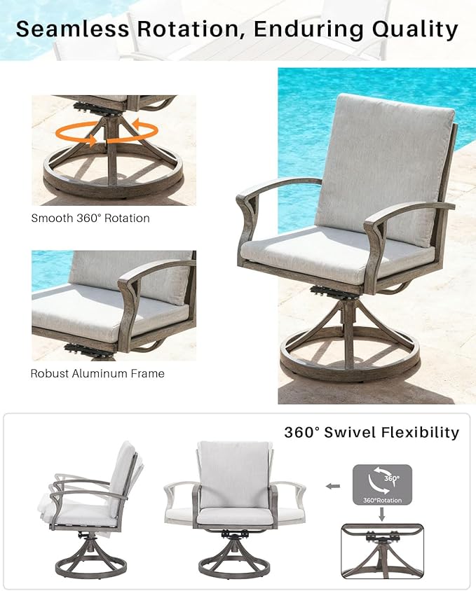 7-Piece Patio Swivel Dining Set for 6, Aluminum Outdoor Dining Set with Umbrella Hole, Patio Dining Furniture with Cushions, Outdoor Table and 6 Swivel Chairs for Deck Garden Yard, Limed Oak