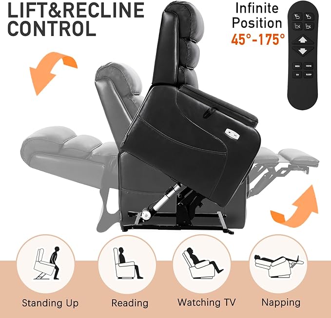 EONIX Wide Lay Flat Power Lift Recliner Chair for Elderly, Heavy Duty Oversized Breathable Faux Leather Lift Chairs Recliner Sofa with Heat and Massage and Charging Ports, Black
