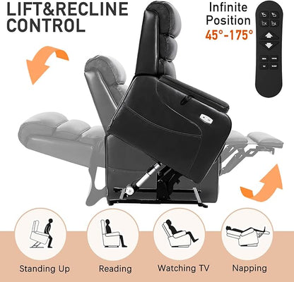 EONIX Wide Lay Flat Power Lift Recliner Chair for Elderly, Heavy Duty Oversized Breathable Faux Leather Lift Chairs Recliner Sofa with Heat and Massage and Charging Ports, Black