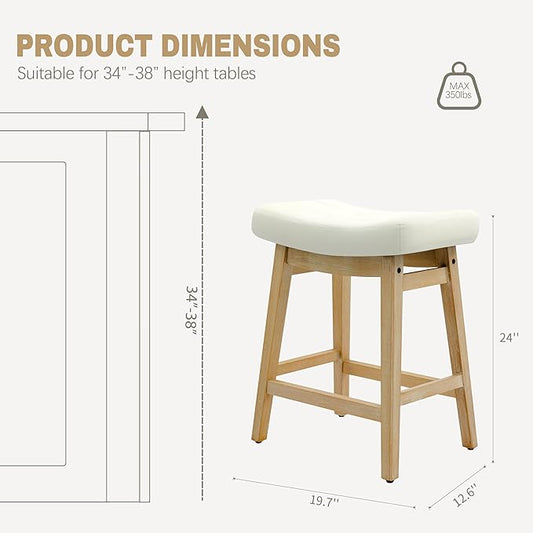 Counter Height Bar Stools Set of 3 for Kitchen Island Modern Barstools with Upholstered Faux Leather Backless Seat and Solid Wood Legs, 24 inch Farmhouse Bar Chairs, White