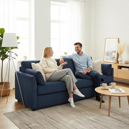79" 3 Seater Couches for Living Room, Modern Corduroy Sofa with 2 Pillows and Storage Pockets, Comfy Small Couches for Apartment, Small Spaces, Home Office, Navy Blue
