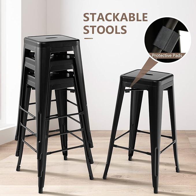 COSTWAY Bar Stools Set of 4, 30” Bar Height Metal Stools with Rubber Footpads & Handling Hole, X-Shaped Reinforced Design, Stackable Stools, for Kitchen, Dining Room, Pub (Black, 30‘’)