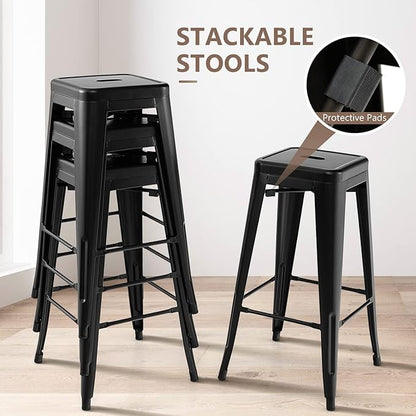 COSTWAY Bar Stools Set of 4, 30” Bar Height Metal Stools with Rubber Footpads & Handling Hole, X-Shaped Reinforced Design, Stackable Stools, for Kitchen, Dining Room, Pub (Black, 30‘’)