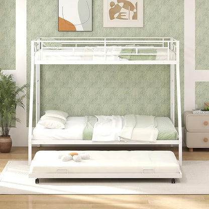 Giantex Twin Over Full Bunk Bed with Trundle, Heavy-Duty Metal Triple Bunk Beds w/Two Side Ladders & Safety Guard Rail, 3 in 1 Bunk Beds for Kids Teens, No Box Spring Needed,White