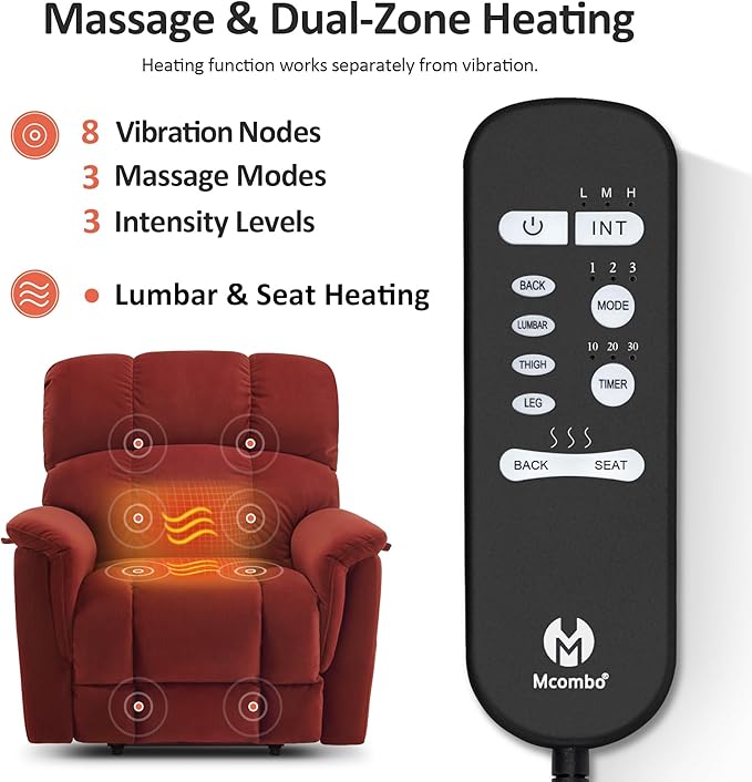 MCombo Large-Wide Dual Motor Power Lift Recliner Chair, Massage and Dual Heating for Elderly People, Infinite Position, Fabric R7166 (Burgundy)