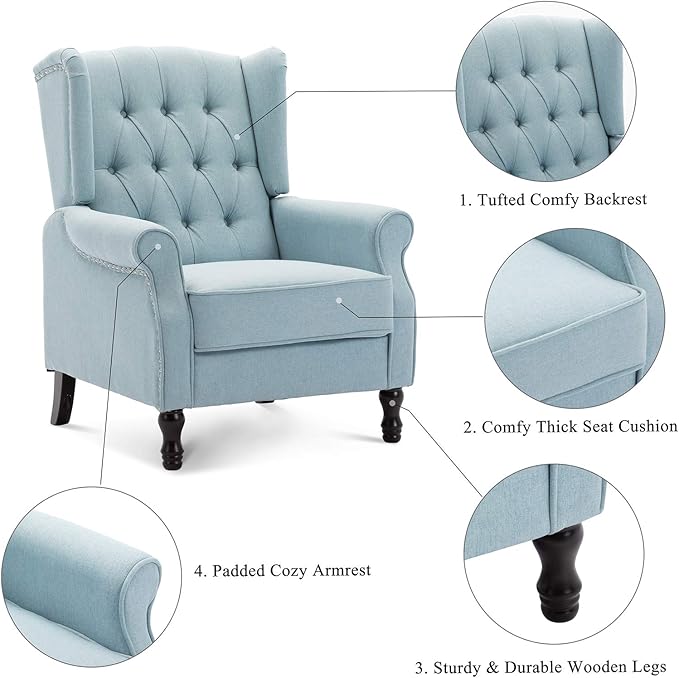 Artechworks Winged Fabric Modern Accent Chair Tufted Arm Club Chair Linen Single Sofa with Wooden Legs Comfy Upholstered for Reading Living Room Bedroom Office,Light Blue