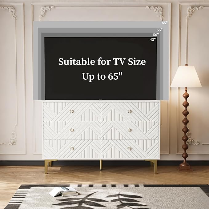 White Wood Dresser for Bedroom, 6 Drawers Dresser with Metal Handles & Embossed Woodgrain, 47" Wide Modern Chest of Drawers for Living Room, Hallway