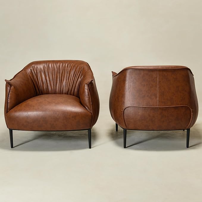 KINWELL 33" W Faux Leather Barrel Chairs Set of 2 with Hand-Tufted Pleated Back Flared Arms, Modern PU Upholstered Accent Chairs with Metal Legs, Large Armchairs Lounge Chairs for Living Room, Brown