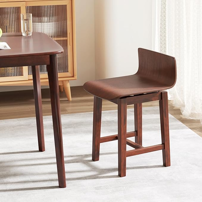 COSTWAY Swivel Solid Wood Dining Stools Set of 4, 19-inch Counter Height Chairs with Low Back, Footrest, Farmhouse Wooden Armless barstools for Kitchen Island, Dining Room, Cafe, Breakfast, Walnut