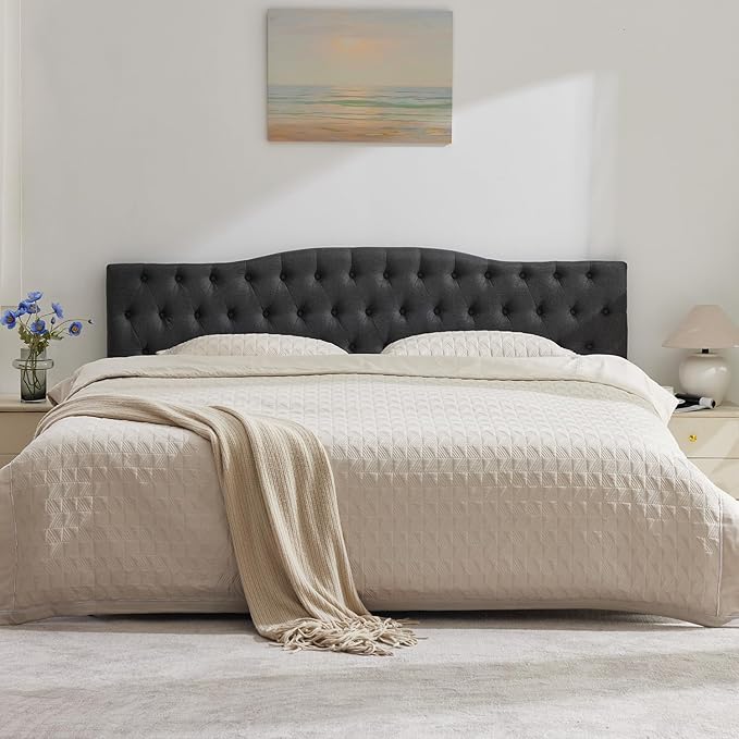 Upholstered Full Headboard, Button Diamond Tufted Headboard with Adjustable Height and Solid Wood Leg, Velvet Padded Headboards for Full Size Bed, Modern Head Board, Dark Grey