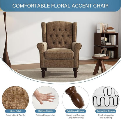 UIXE High Back Accent Chair, Fabric Upholstered Armchair Retro Wingback Arm Chair for Living Room, Comfy Single Sofa Bedroom Retro Reading Seat with Solid Wood Legs - Brown