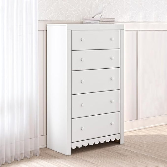 Signature Design by Ashley Mollviney Coastal 5-Drawer Chest of Drawers with Safety Stop and Scalloped Detailing, White