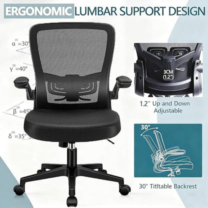 Desk Chairs with Wheels, Ergonomic Mesh Office Chair Adjustable Height and Swivel Lumbar Support Home Office Chair with Flip Up Armrests (8PK)