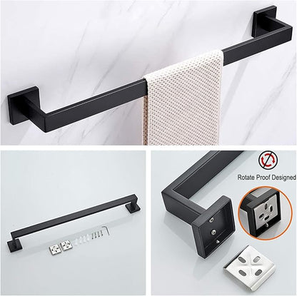 Bathroom Hardware Set Bathroom Accessories Set SUS304 Towel Bar Set Includes Towel Bar Inch+Towel Holder+Toilet Paper Holder+Towel Hook (10, Matte Black-Paper Holer with Cover)