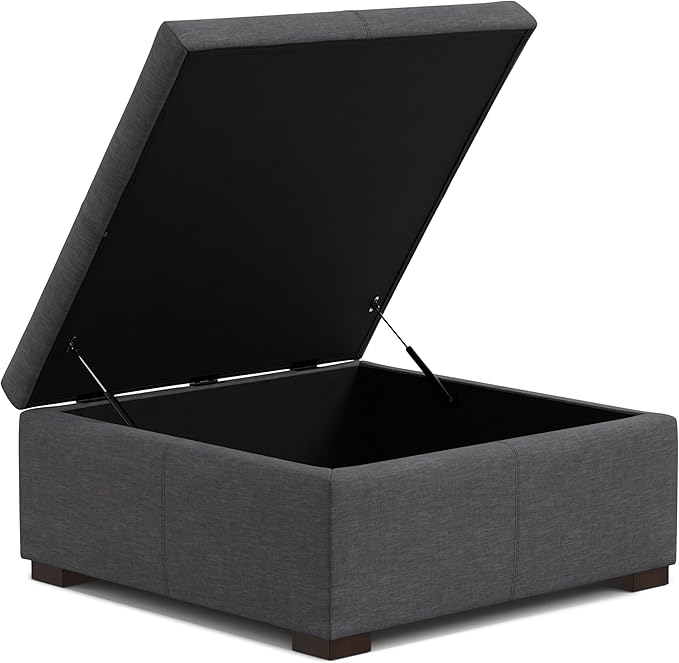 SIMPLIHOME Gabbie 36 inch Wide Contemporary Square Square Coffee Table Storage Ottoman in Slate Grey Polyester Linen, Assembled, for The Living Room, Entryway and Family Room