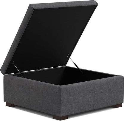 SIMPLIHOME Gabbie 36 inch Wide Contemporary Square Square Coffee Table Storage Ottoman in Slate Grey Polyester Linen, Assembled, for The Living Room, Entryway and Family Room