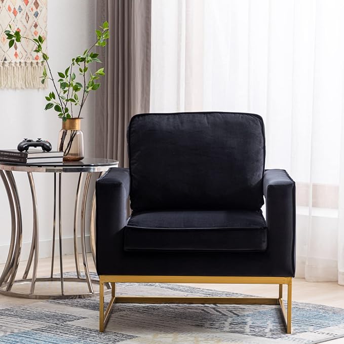 Modern Accent Chair, Velvet Upholstered Side Chair with Backrest, Comfy Armchair Side Chair with Golden Metal Base for Living Room Reception Room, 1PC, Black