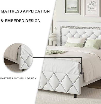 BarnFurin Queen Bed Frame, Upholstered Platform Bed with Button Tufted Headboard, Princess Platform Bed with Crystal Design, Wooden Slats Support, No Box Spring Required, Easy Assembly, White