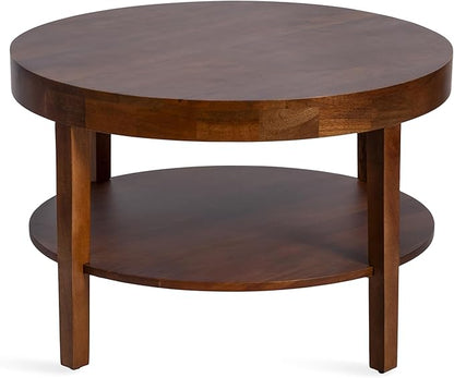 Kate and Laurel Talcott Modern Tiered Round Coffee Table, 28 x 28 x 18, Walnut Brown, Transitional Two-Tier Circle Living Room Table with Storage and Mango Wood Construction