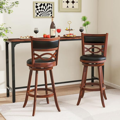 COSTWAY Bar Stools Set of 2, 29.5” Bar Height Stools with Rubber Wood Frame, Faux Leather Upholstered Seat and Backrest, Swivel Barstools for Kitchen Island, Pub, Brown (2, Seat Height: 29.5”)