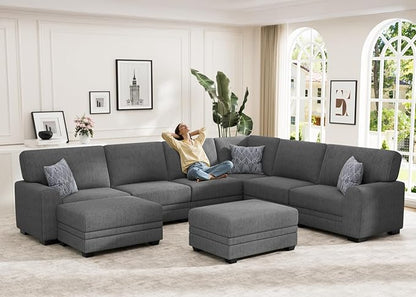 Wanderwell Oversized Modular Sectional Sofa, 8-Seater U Shaped Couches with Movable Ottoman,Corduroy Sectional Couch with Wide and Deep Seats Suitable for Living Room,Bedroom,Apartment (Grey, U-8)