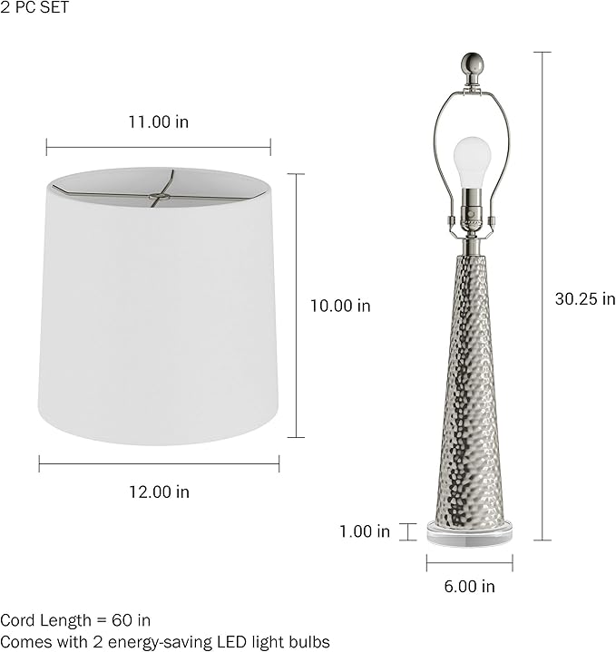 Lavish Home 30 Inch Table Lamps Set of 2 Contemporary Hammered Glass Lights for Bedroom, Living Room, and Office with Energy-Efficient LED Bulbs (Silver)