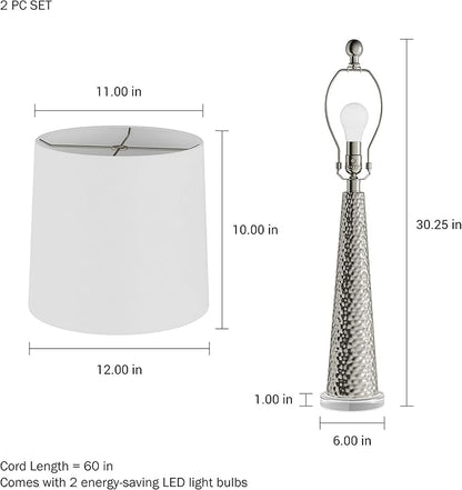 Lavish Home 30 Inch Table Lamps Set of 2 Contemporary Hammered Glass Lights for Bedroom, Living Room, and Office with Energy-Efficient LED Bulbs (Silver)