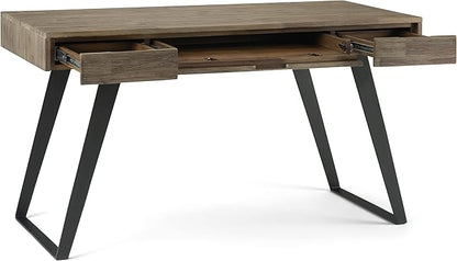 SIMPLIHOME Lowry Desk - 54-Inch Wide Solid Acacia Wood and Metal Writing Desk in Distressed Grey, Modern Industrial Home Office Computer Table with 2 Drawers and Flip-Down Keyboard Tray