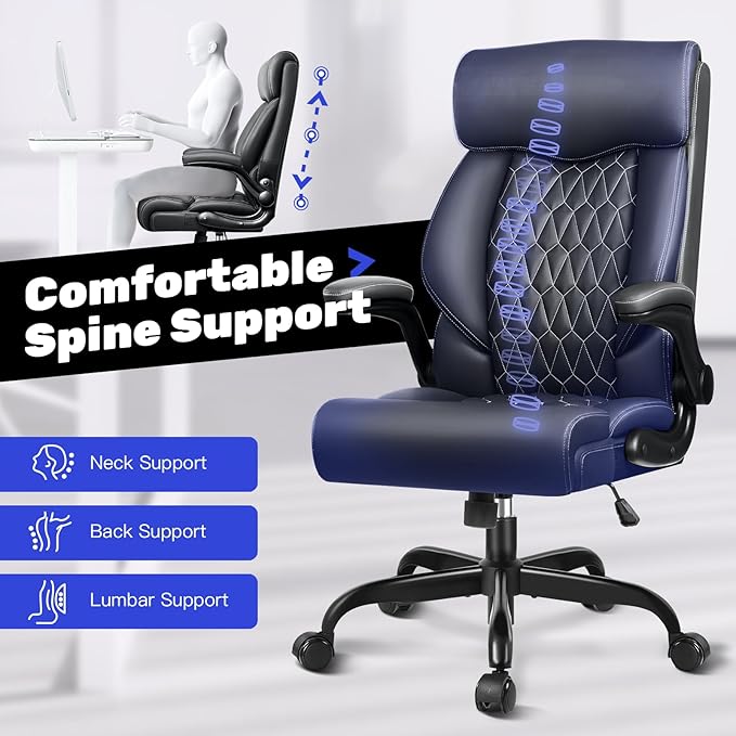 Office Chair, High Back Executive Office Chair Ergonomic Computer Desk Chair with Rocking Function, Leather Managerial with Adjustable Flip-Up Armrests and Lumbar Support